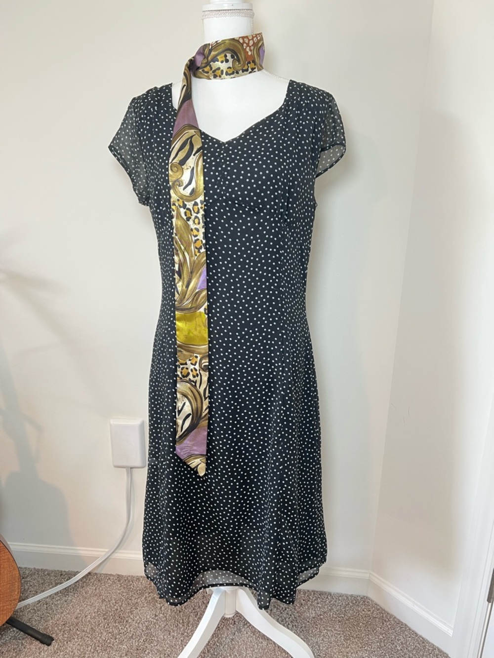 Jaclyn S. Y2K Feminine Polka Dot Chiffon Twee Dress‎ Zooey Deschanel Style ⚪🖤